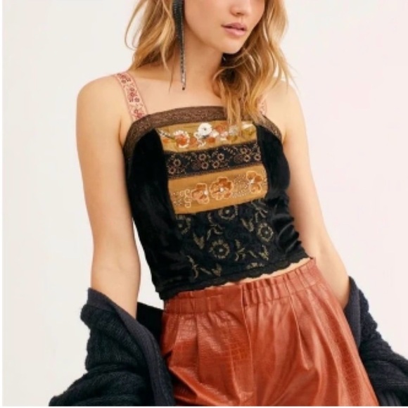 Free People Tops - Free People Hold Me Close Embroidered Black Gold Velvet Tank Top Size: Medium